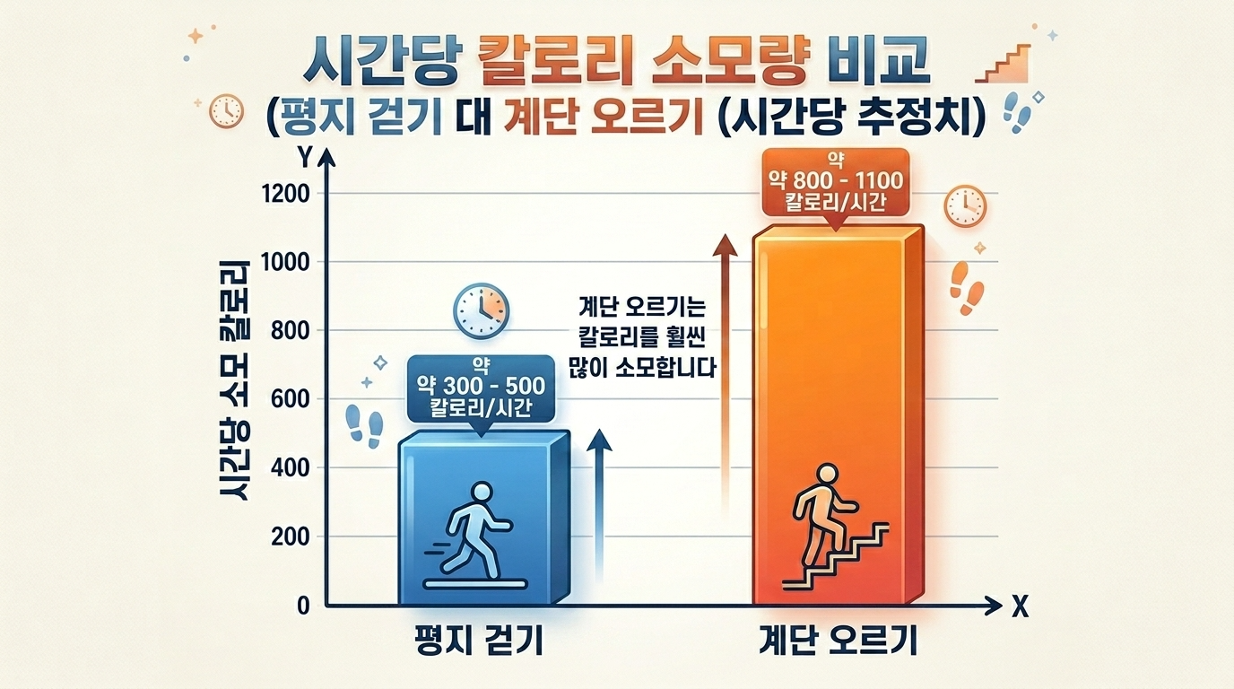 계단 오르기와 평지 걷기의 칼로리 소모량 비교 데이터 인포그래픽