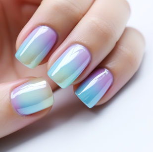연보라, 하늘색, 민트색, 연노랑이 합쳐진 그라데이션 네일아트, 심플한 디자인