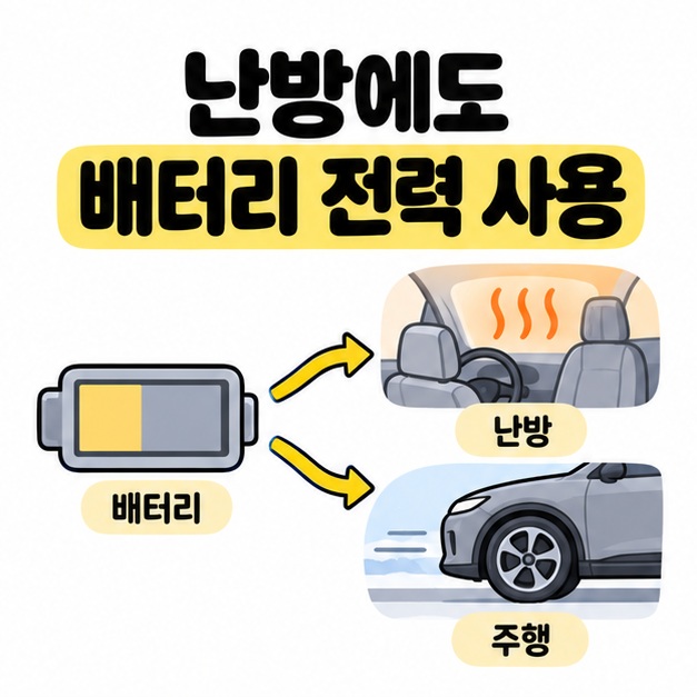 배터리에서 온기 표시가 있는 차량 실내와 바퀴로 화살표가 갈라져 난방과 주행에 모두 전력을 사용함을 설명한 그림