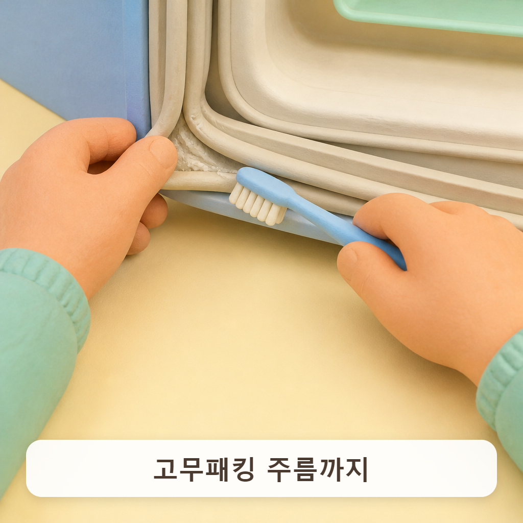 냉장고 문 고무패킹 틈을 칫솔로 문지르는 손 클로즈업