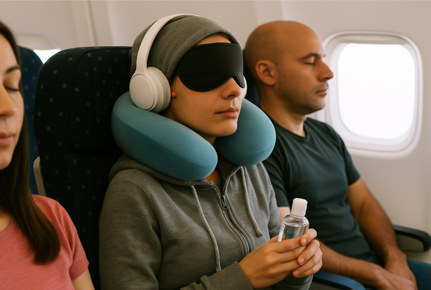 비행기 이코노미 클래스의 중간 좌석에 앉은 여성이 후디와 안대와 이어폰, 목베게를 하고 있는 이미지