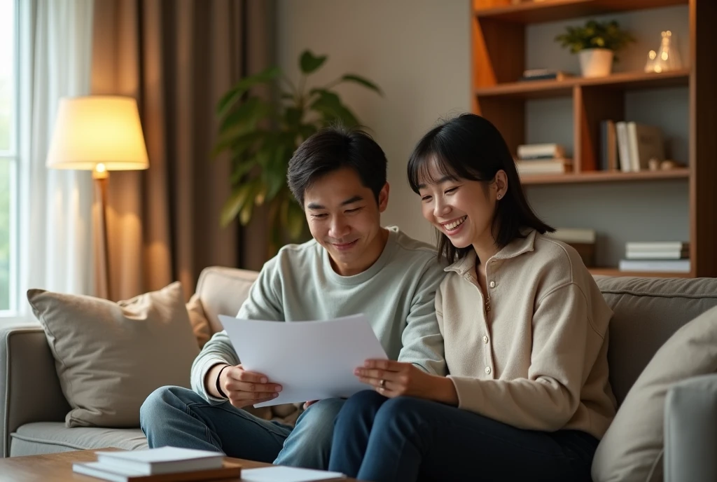 꼼꼼하게 청약서류를 보는 부부 이미지