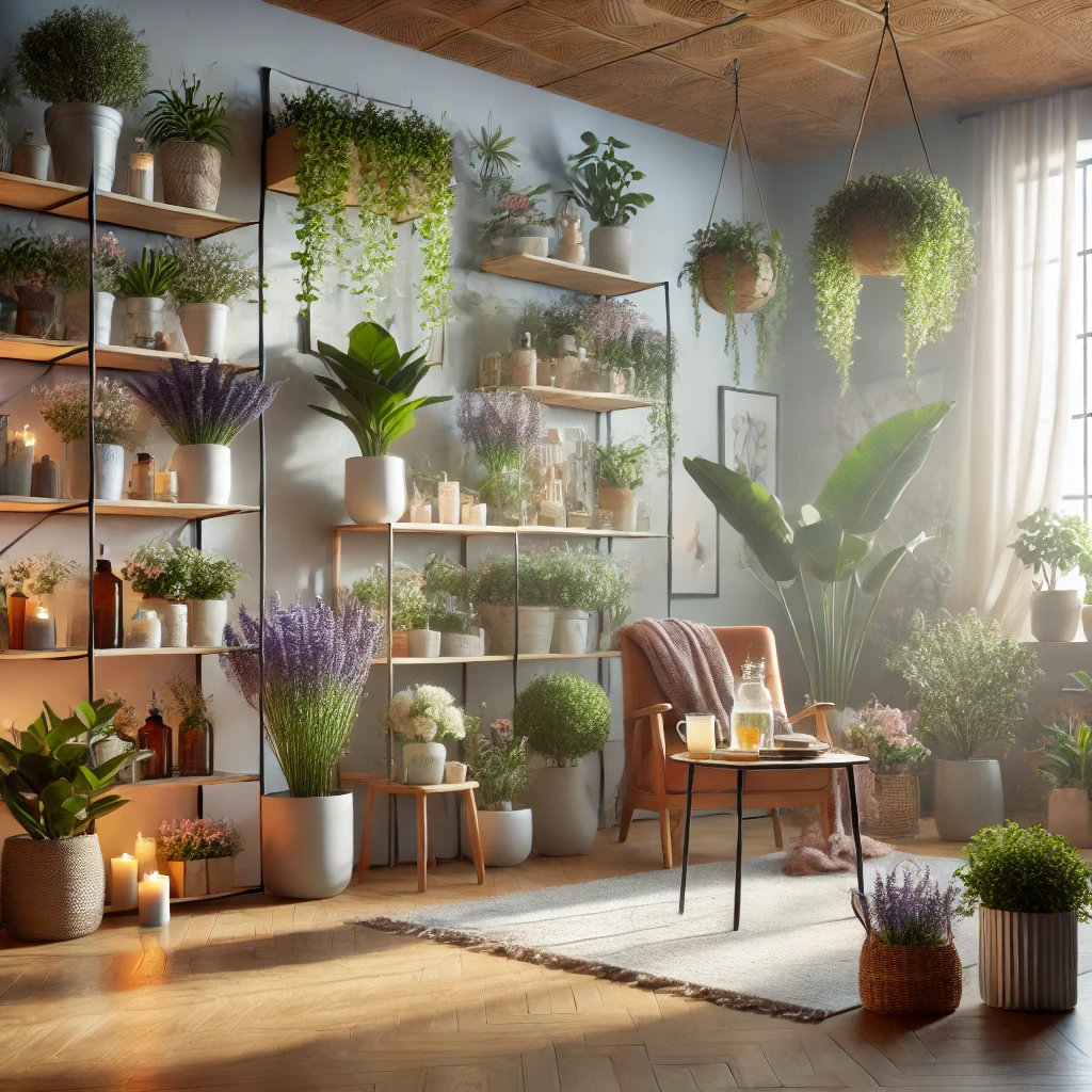 라벤더, 자스민, 유칼립투스 등이 배치되어 있고, 따뜻한 조명과 자연광이 어우러진 아늑한 공간을 연출