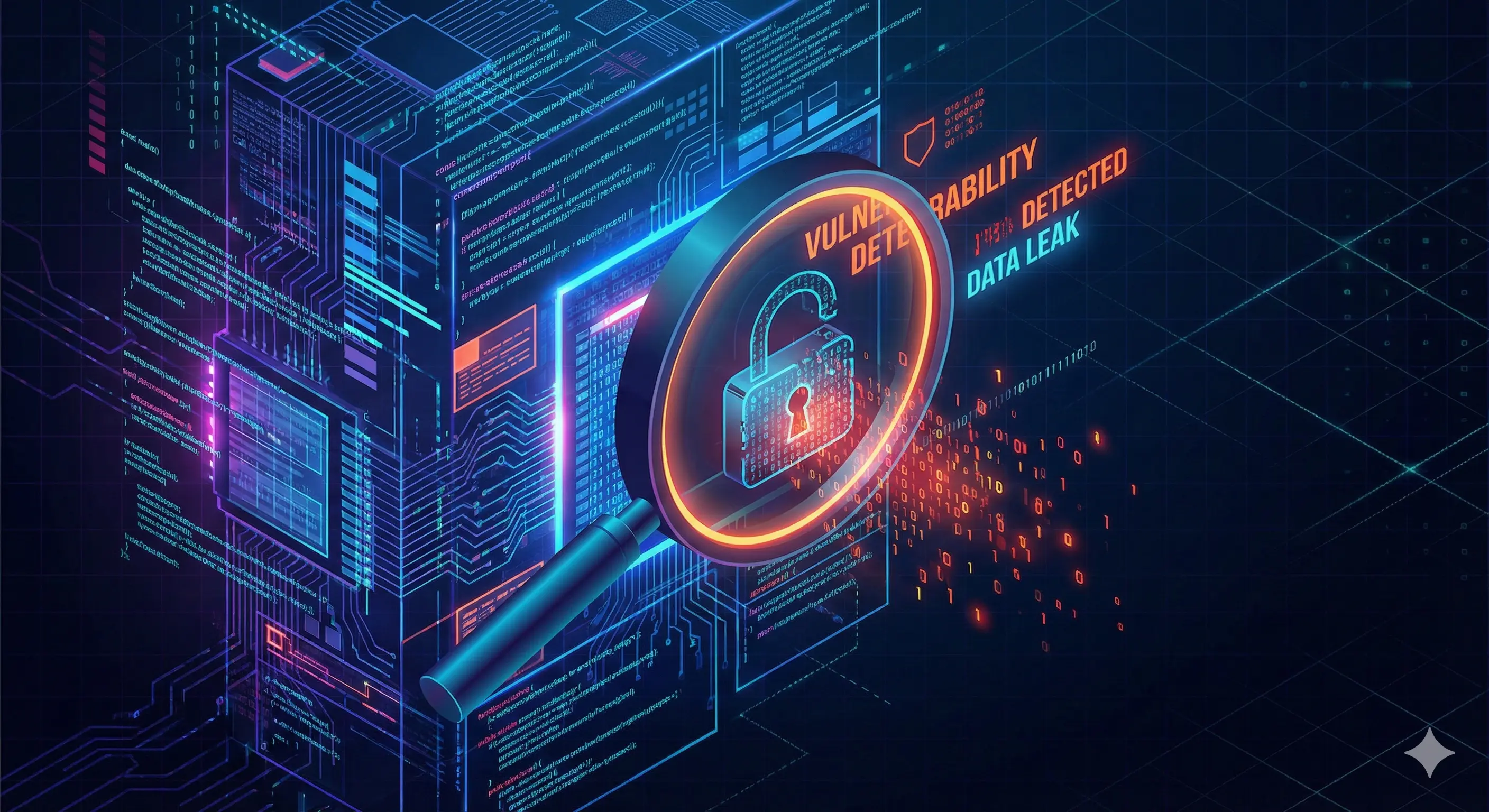 소프트웨어 코드와 깨진 자물쇠로 표현한 보안 취약점 일러스트