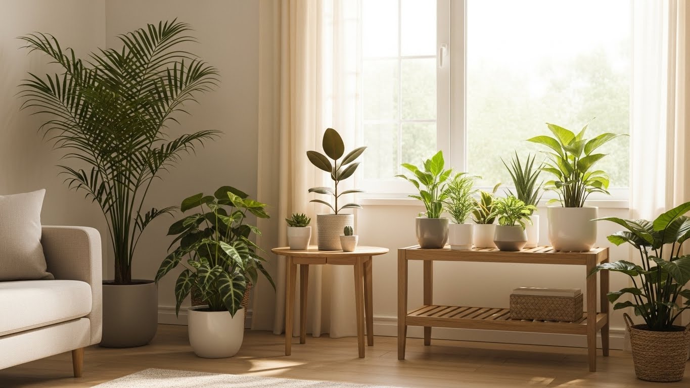 자연광이 들어오는 거실 공간에 다양한 크기의 실내 식물들이 평온하게 배치된 모습. 큰 식물과 작은 식물이 조화롭게 구성되어 안정적인 분위기를 만드는 인테리어 장면.