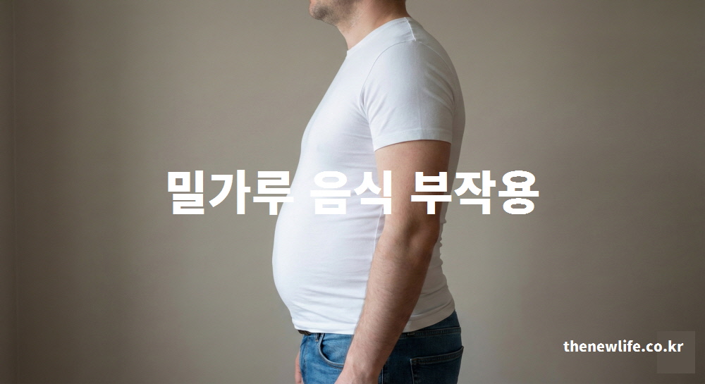 밀가루 음식 과다 섭취 부작용으로 인해 배가 나온 남자의 옆모습과 밀가루 음식 부작용이라는 텍스트가 적힌 블로그 썸네일