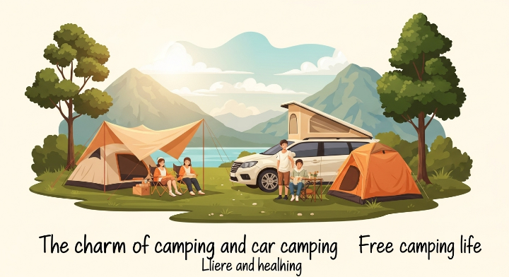 이미지 앙옆으로 큰 나무가 있고 나무 밑으로 텐트가 2개가 펼쳐져 있고 뒤로는 산도 보이고 바다도 보입니다. 또한 캠핑카도 보입니다. 텐드 앞에는 가족들이 앉아 있는 것으로 보아 캠핑을 온 것 같습니다.