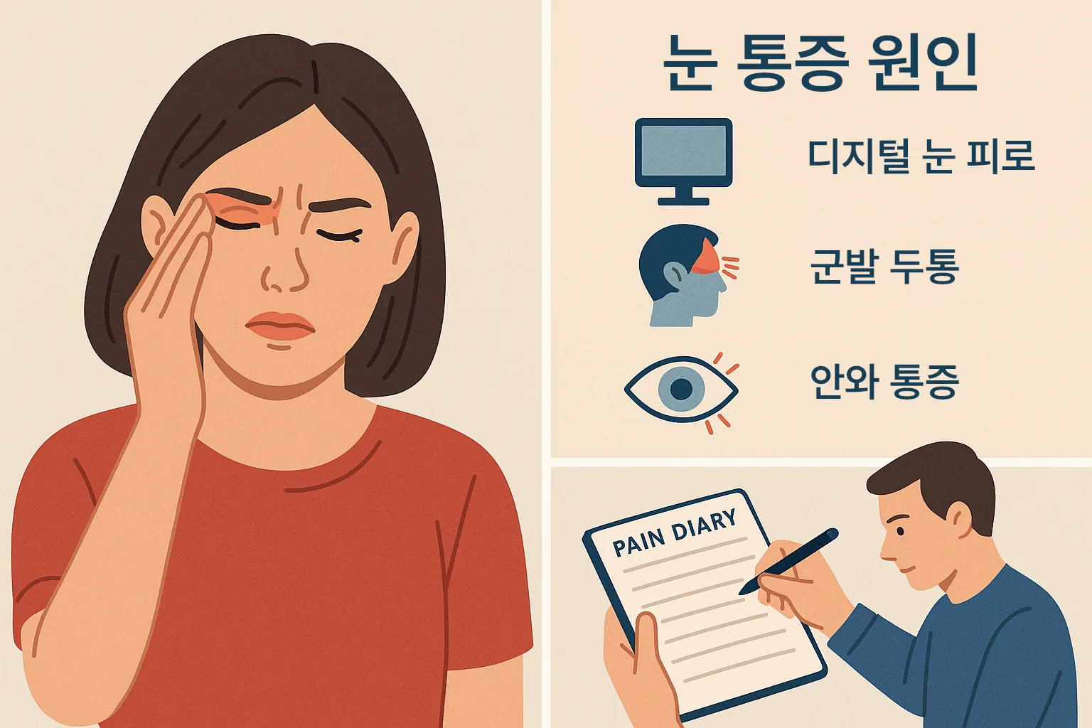 왼쪽 관자놀이를 누르는 장면, 디지털 눈 피로, 군발두통, 안와 통증 등 다양한 원인