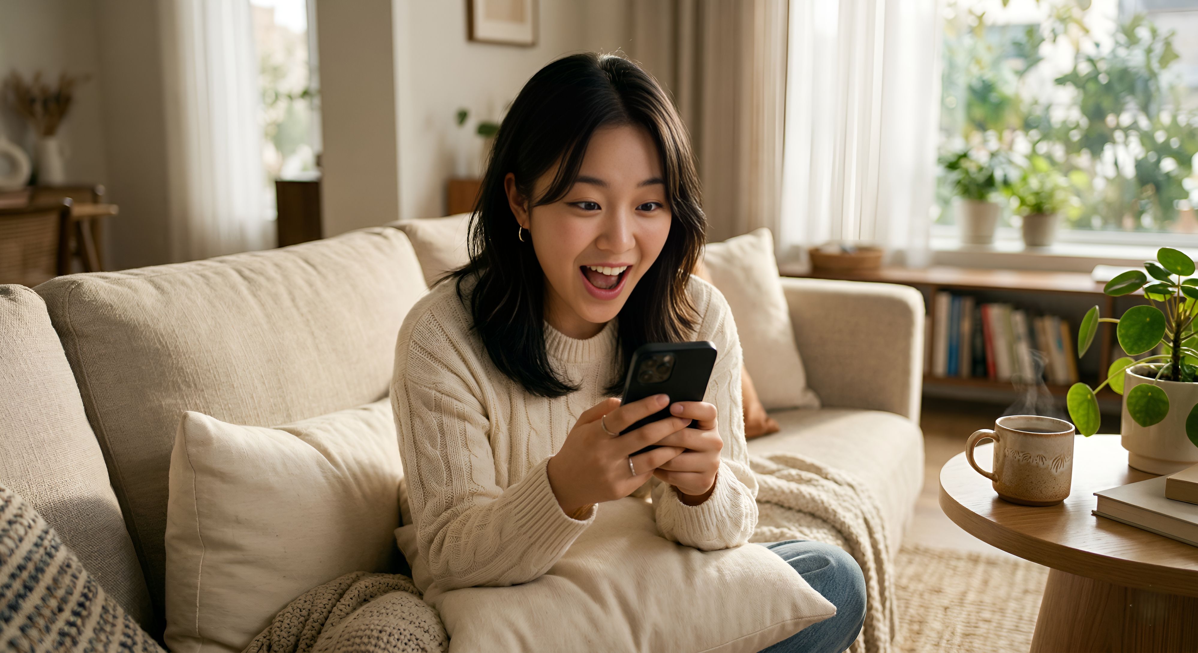 2026년 국민건강보험 환급금을 스마트폰으로 확인하며 기뻐하는 도민의 실사 이미지