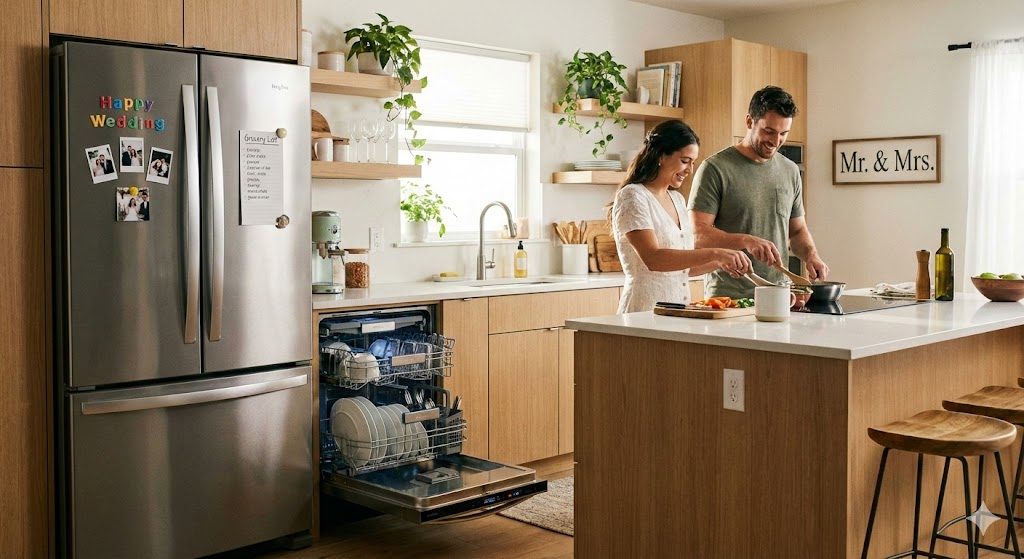 신혼집 주방의 모습, 냉장고와 식기 세척기가 눈에 띈다