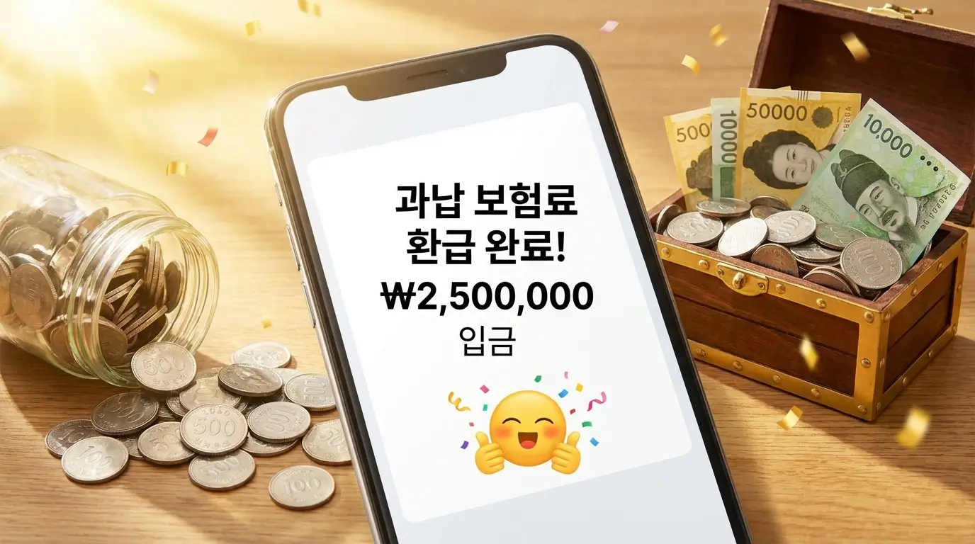 스마트폰 화면에 과납 보험료 환급 완료 알림이 떠 있고, 그 주변으로 동전과 지폐가 쌓여 있는 기분 좋은 모습
