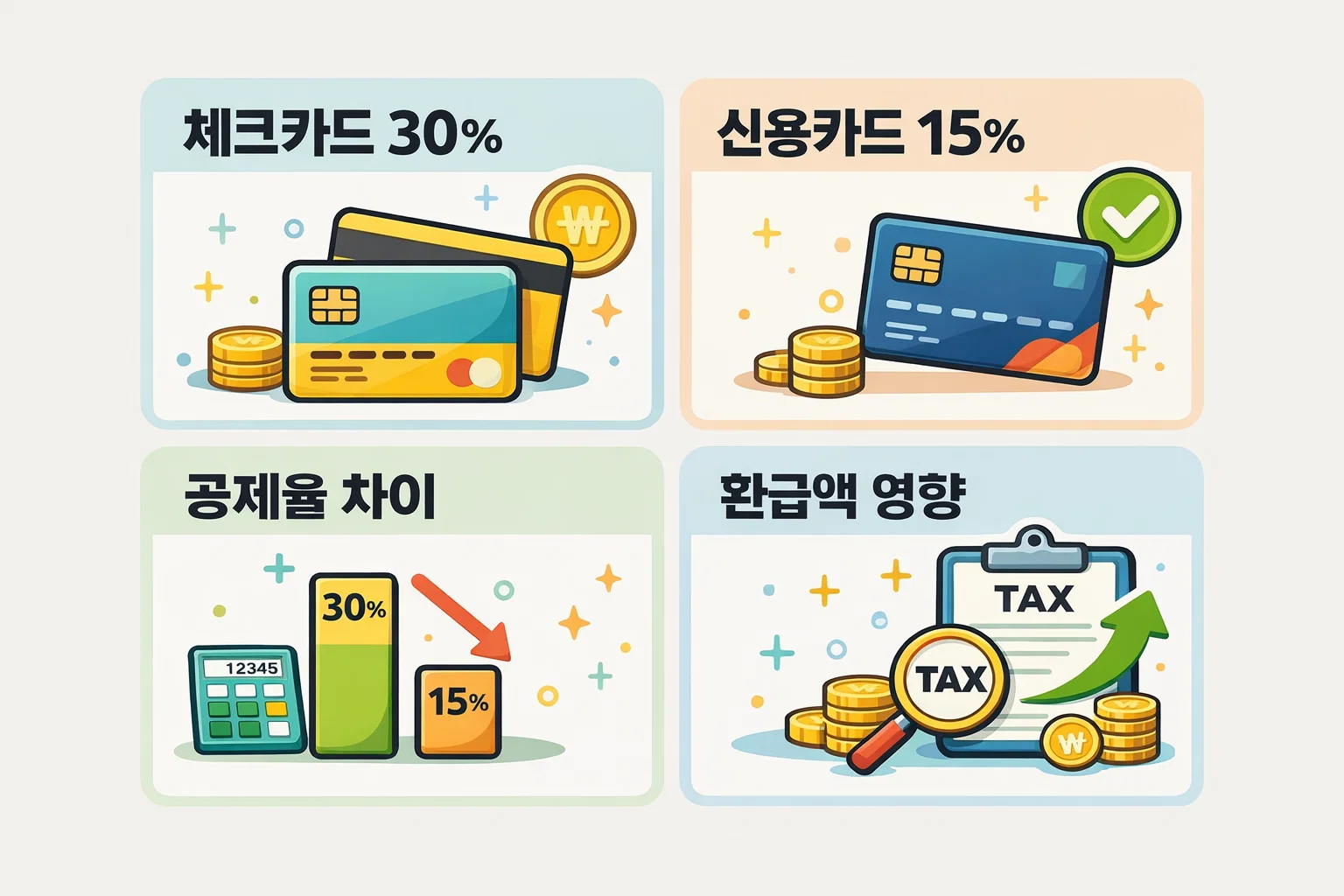 연말 소득공제 체크카드 신용카드 전략에서 체크카드 30% 공제율과 신용카드 15% 공제율 차이가 환급액에 미치는 영향을 시각적으로 비교한 이미지입니다