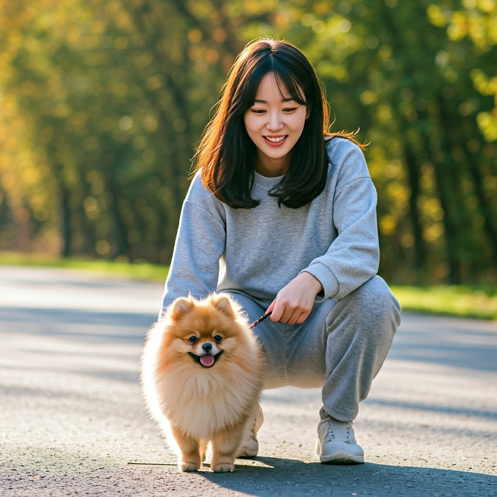 공원에서 포메라니안과 산책중인 여성 사진
