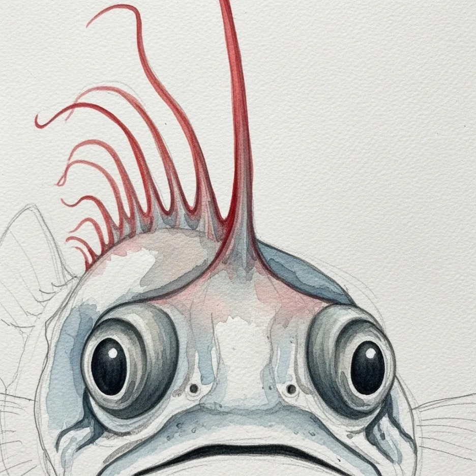 붉은 지느러미와 큰 눈을 가진 산갈치 얼굴