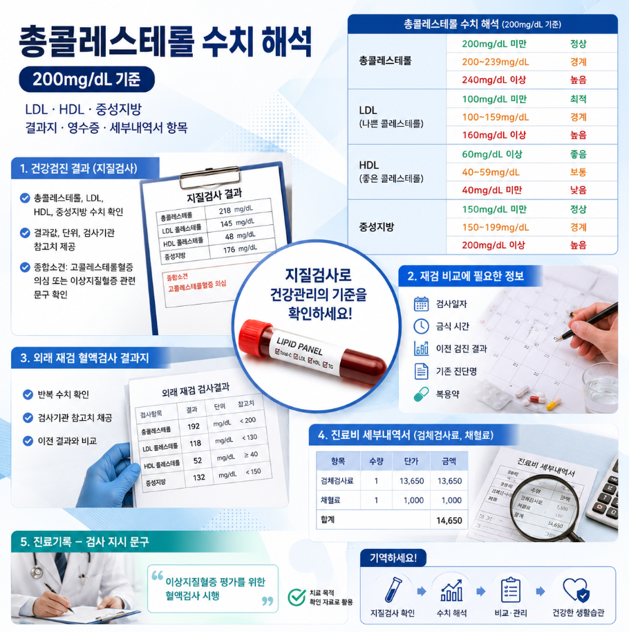 총콜레스테롤 200mg/dL 기준과 LDL&middot;HDL&middot;중성지방, 결과지&middot;영수증&middot;세부내역서 확인 항목을 정리한 지질검사 인포그래픽