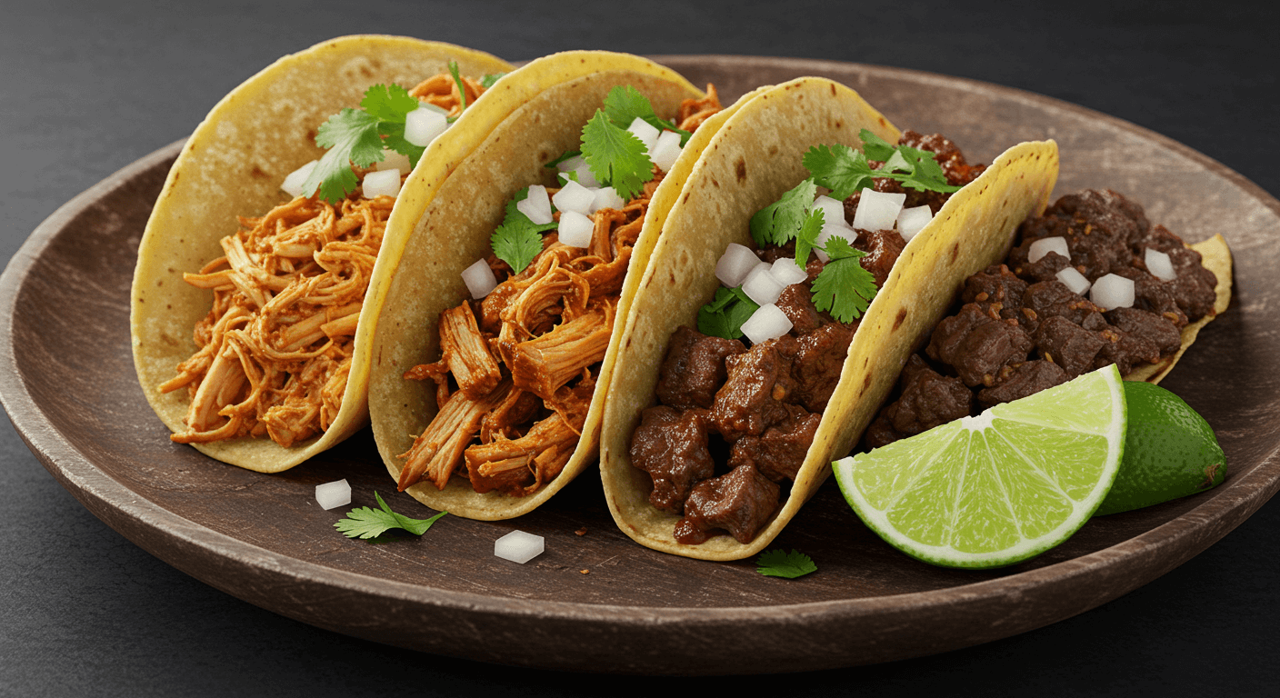 다양한 고기와 채소로 채워진 치폴레 타코 3개가 나무 접시에 담긴 모습 