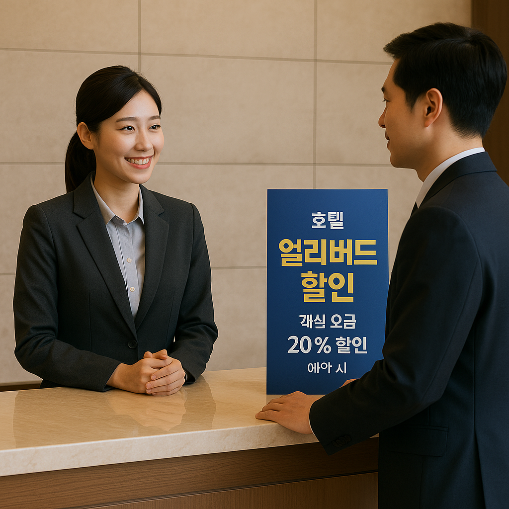 호텔 프런트 데스크와 얼리버드 할인 안내 배너