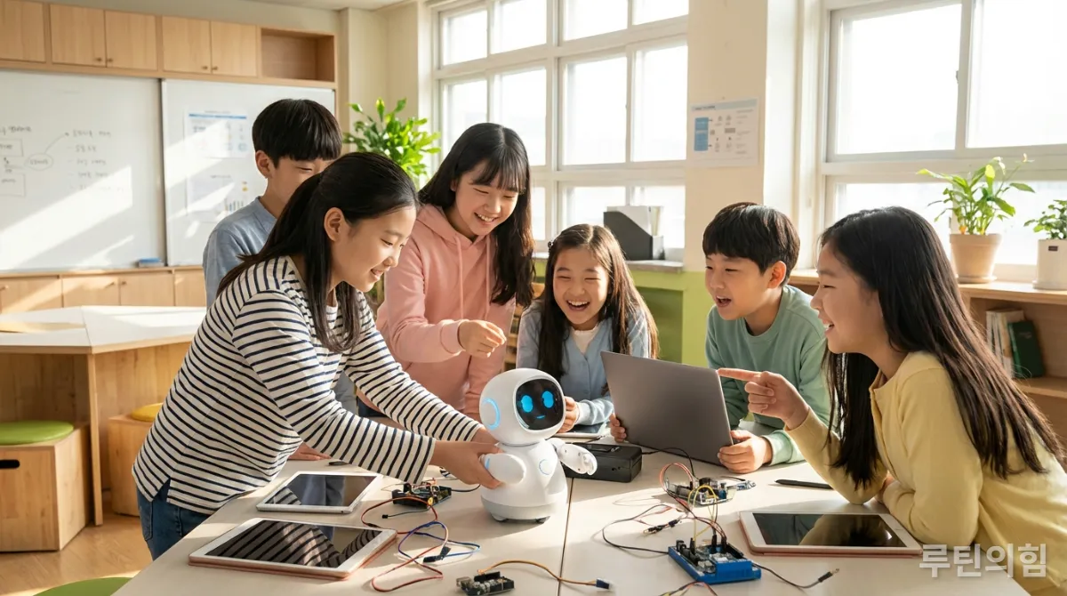 한국 학생들이 AI 로봇과 함께 협력하는 모습