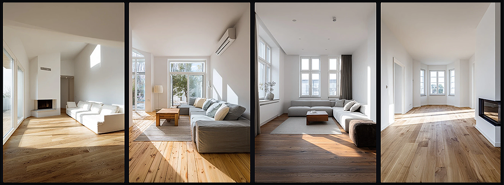 Midjourney Retexture, 나무 바닥과 흰 벽의 미니멀한 거실 원본 이미지_Midjourney