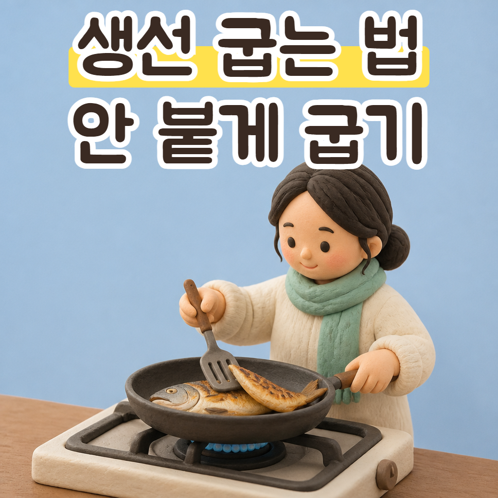 가스레인지 앞에서 프라이팬의 생선을 뒤집개로 살피는 성글이
