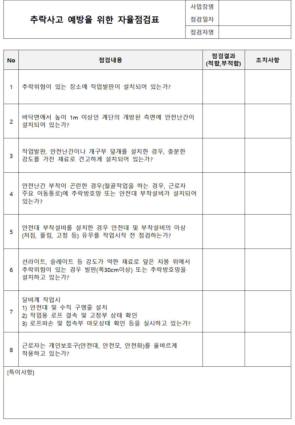 추락사고예방 점검표