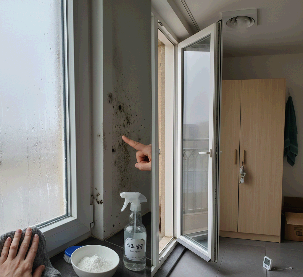 (좌) 겨울철 베란다 창틀 결로로 인한 벽지 곰팡이 모습과 제거를 위한 세정제 및 가루 세제 (우) 겨울철 결로 예방을 위해 살짝 열어둔 베란다 문과 공기 순환을 위해 벽에서 띄워진 가구 모습