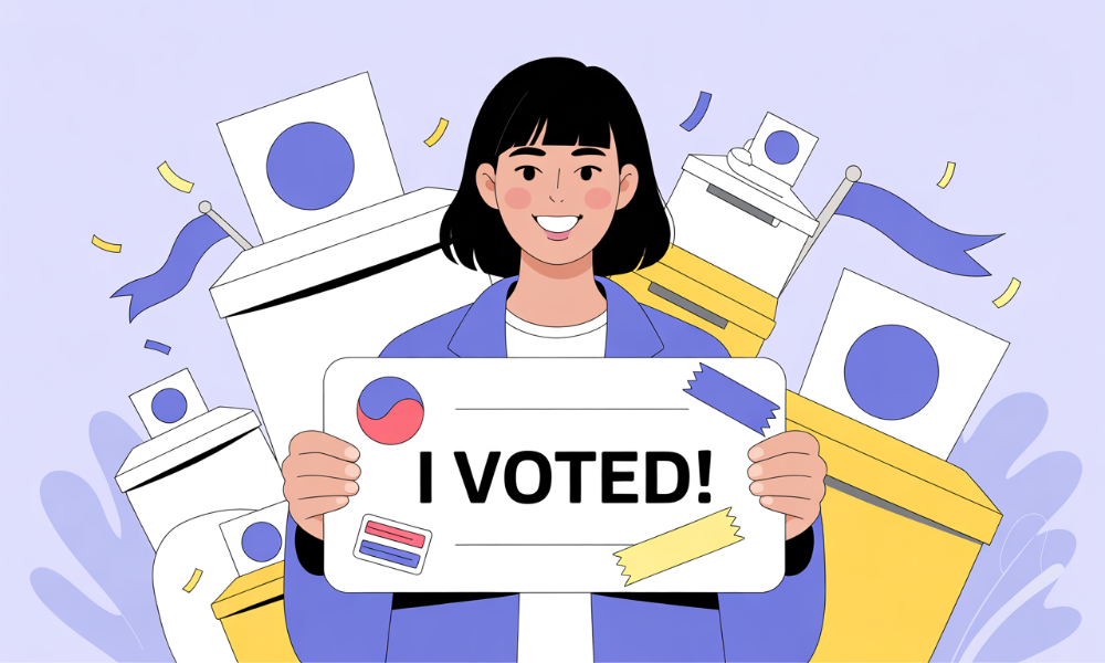 2025년 트렌드를 담은 MZ세대의 투표 인증샷. 손수 꾸민 듯한 아날로그 감성 투표 용지와 AI 기술이 결합된 디자인. 퍼플-옐로우 톤의 맥시멀리즘 스타일로 활기찬 정치 참여를 보여줌.