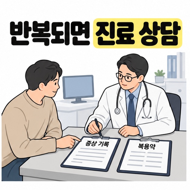 반복되는 증상에 대해 성인 남성과 의료진이 증상 기록 및 복용약 목록을 함께 확인하는 그림