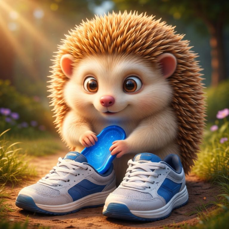 발의 통증을 없애기 위해 깔창을 운동화에 끼고 있는 모습의 도치