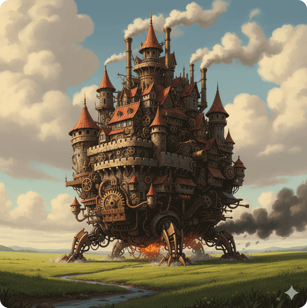 alt=&quot;스팀펑크와 유럽식 판타지가 결합된 하울의 움직이는 성 느낌의 일러스트&quot;