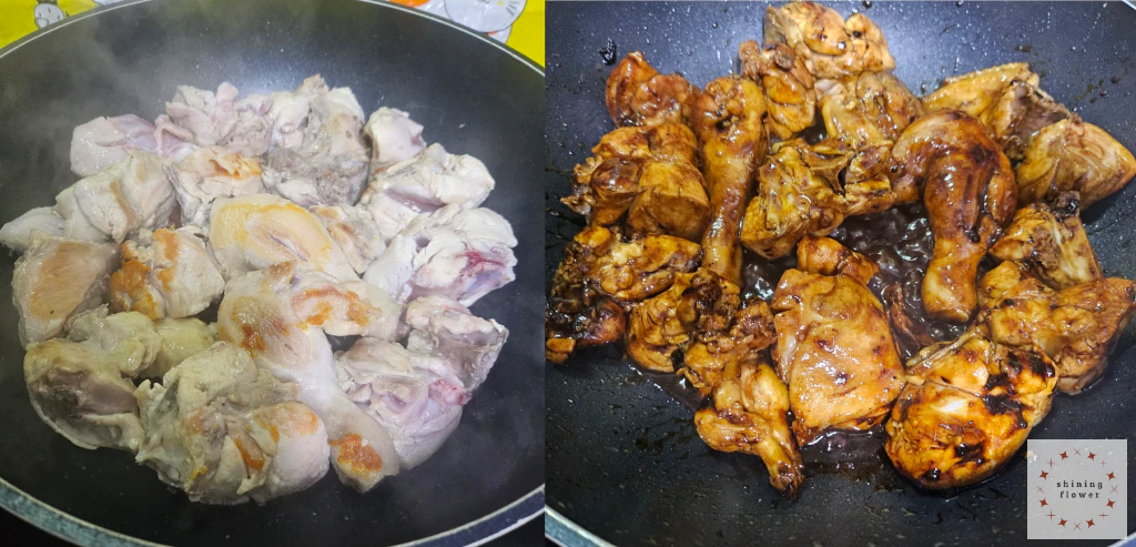 왼쪽 사진 닭 굽기-오른쪽 사진 닭에 양념 입히기