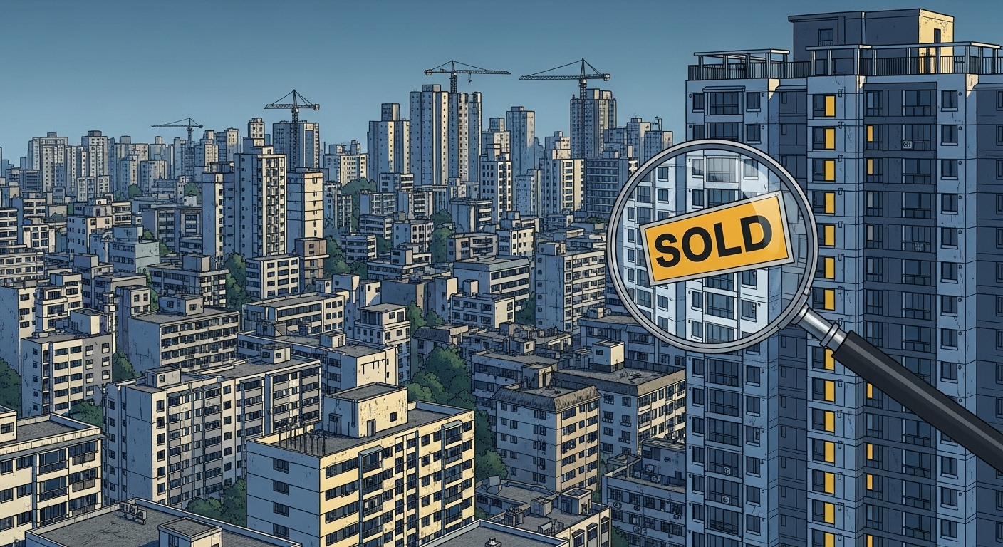 아파트 공급 감소와 수요 집중 현상을 나타내는 도시 풍경 일러스트레이션.