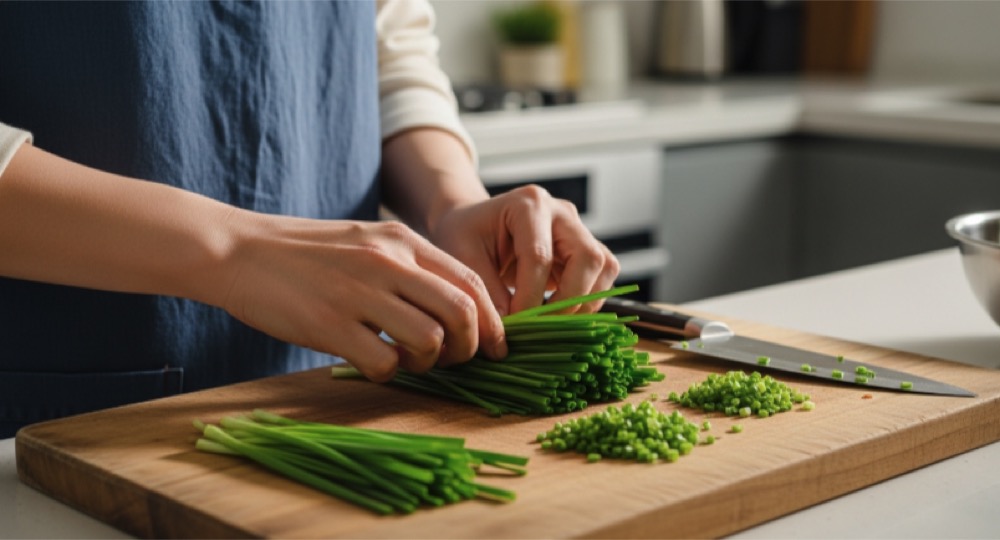 신선한 부추 식재료를 손질