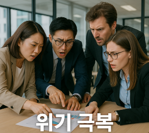 현대적인 사무실에서 위기 극복을 위해 함께 머리를 맞대고 열정적으로 회의하는 직장인들의 모습