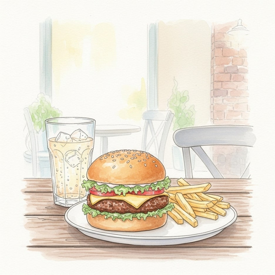 나무 테이블 위에 놓인 풍성한 버거 세트와 음료