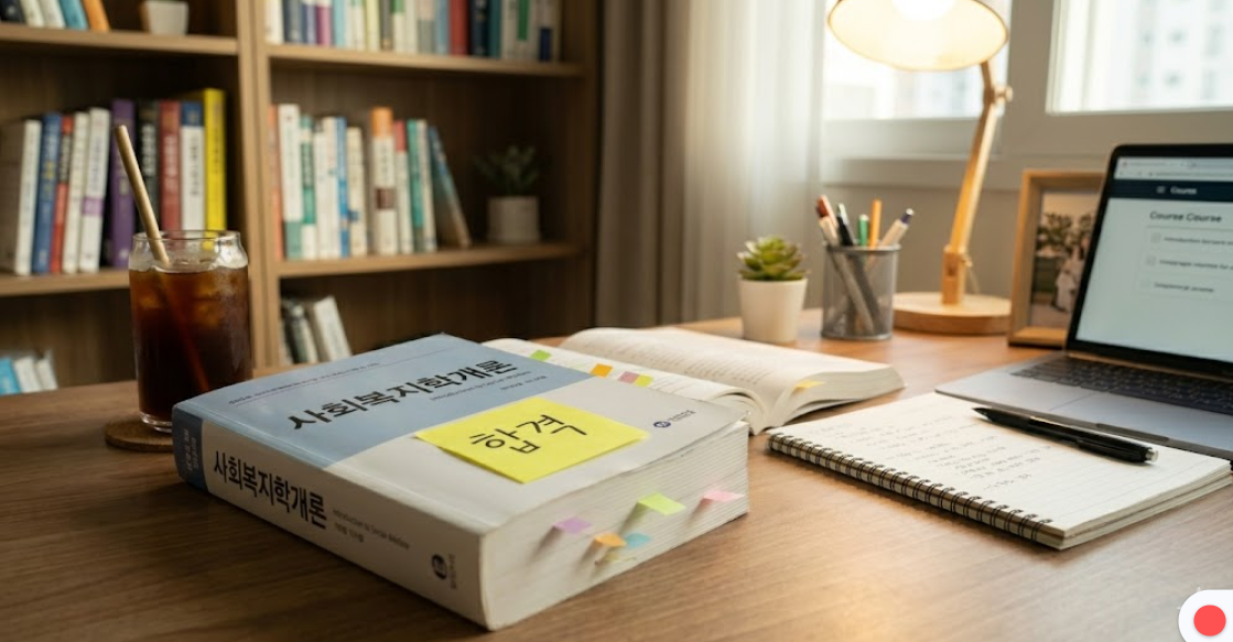 두꺼운 전공 서적 옆에 놓인 '합격'이라고 적힌 포스트잇과 아이스 아메리카노