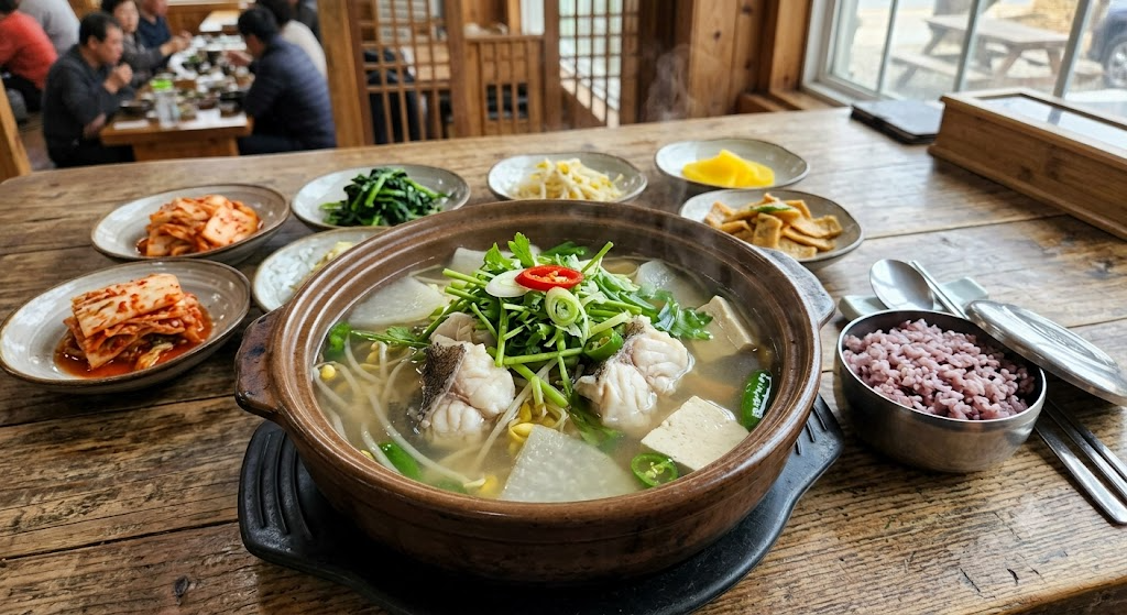 나무 식탁 위에 생선 토막, 두부, 미나리, 콩나물이 들어간 뜨거운 맑은 생선탕(지리) 뚝배기와 흑미밥, 여러 가지 밑반찬이 차려진 한식 차림.