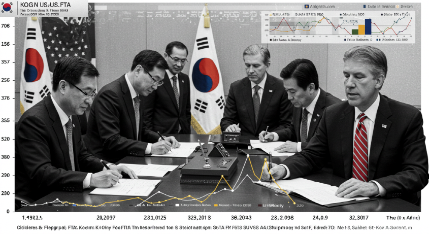 한미 FTA 체결 당시와 현재의 무역 데이터를 보여주는 그래프 및 새로운 미국 대통령 사진이 포함된 이미지