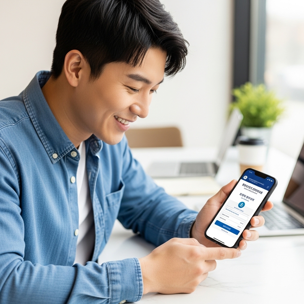 보건증 온라인 발급 페이지를 스마트폰으로 확인하며 기뻐하는 젊은 남성의 모습