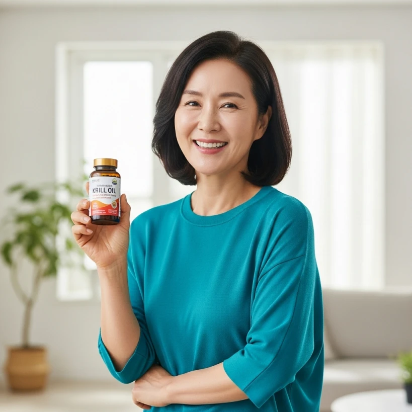 크릴 오일 영양제 병을 들고 미소 짓는 중년여성.