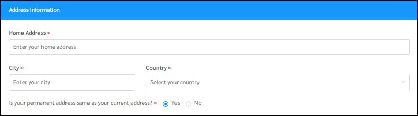 거주지 정보 입력 화면