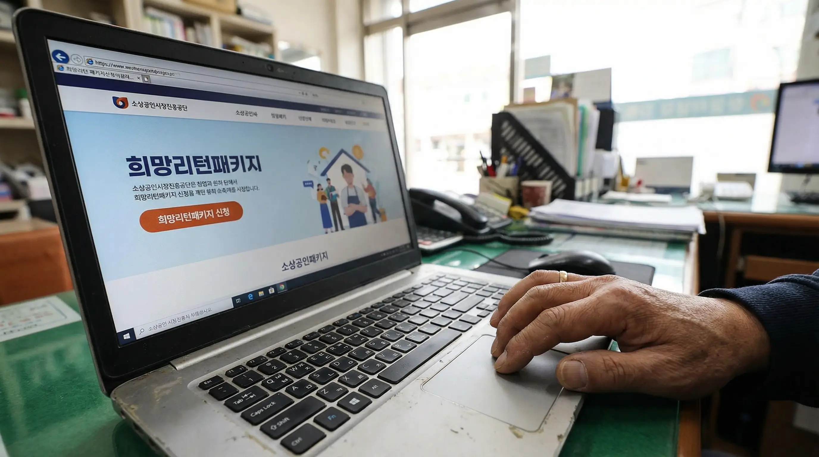 노트북으로 소상공인시장진흥공단 홈페이지에 접속하여 희망리턴패키지를 신청하는 사장님의 손 클로즈업