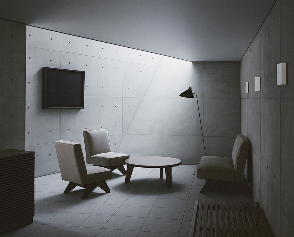 안도 타다오 건축물 스타일의 미니멀 인테리어, 노출 콘크리트 벽과 은은한 자연광이 조화를 이루는 고요한 공간