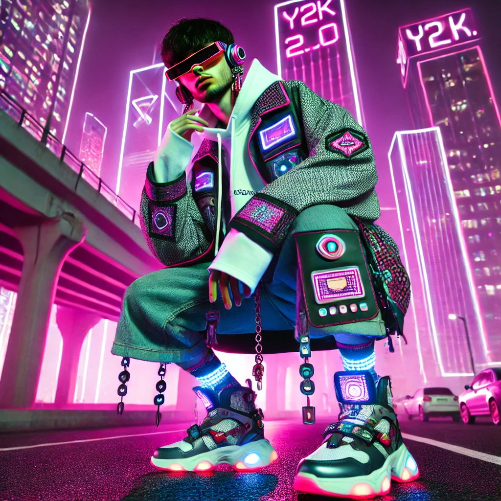 사이버틱한배경에Y2K패션과악세사리한모델