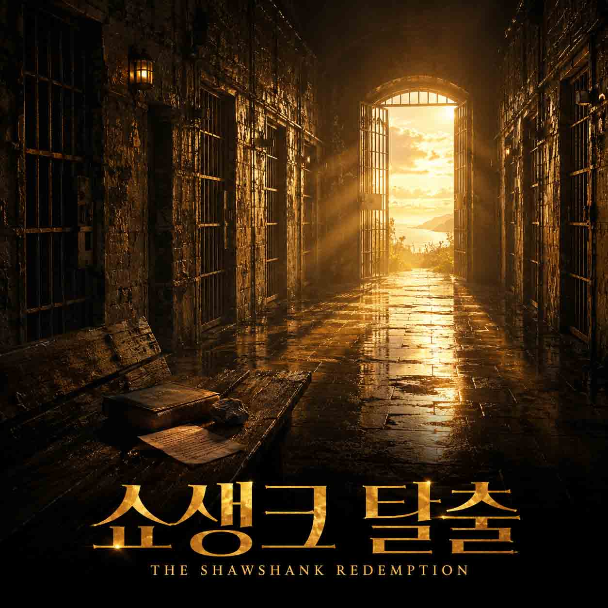 영화 쇼생크 탈출을 표현한 어두운 감옥 복도와 열린 철문 너머로 비치는 황금빛 자유의 풍경 이미지