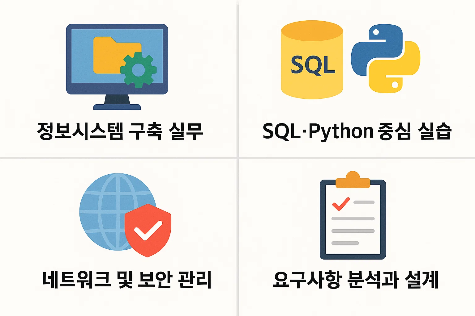 정보시스템 구축, SQL·Python 실습, 네트워크·보안 관리 등 정보처리기사 실기 핵심 과목 구성 인포그래픽