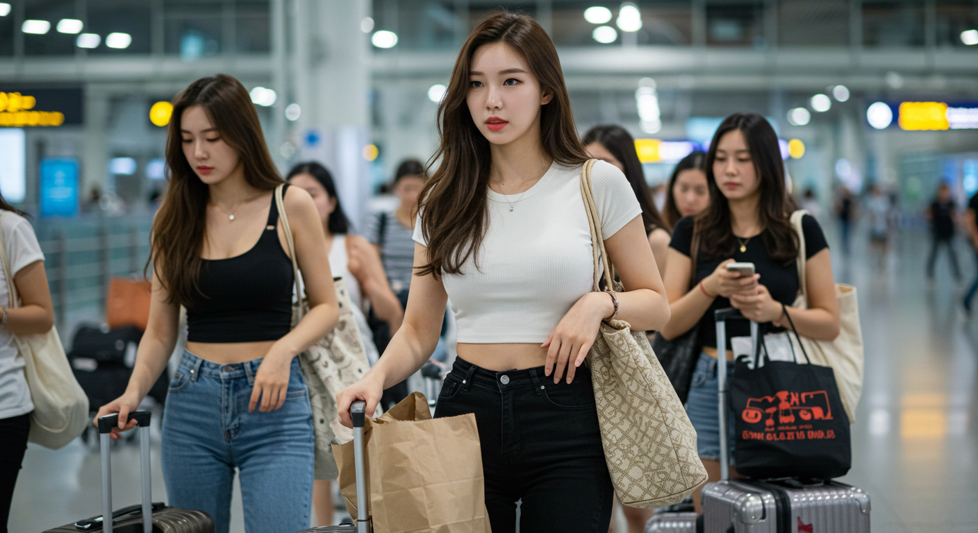 공항에서 걸어가는 여인들