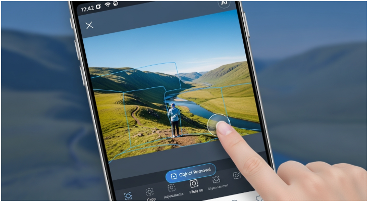 스마트폰 AI 보정 앱에서 풍경 사진의 불필요한 인물을 감쪽같이 제거하는 장면. 깔끔
하고 아름다운 사진을 위한 AI 기술 활용.