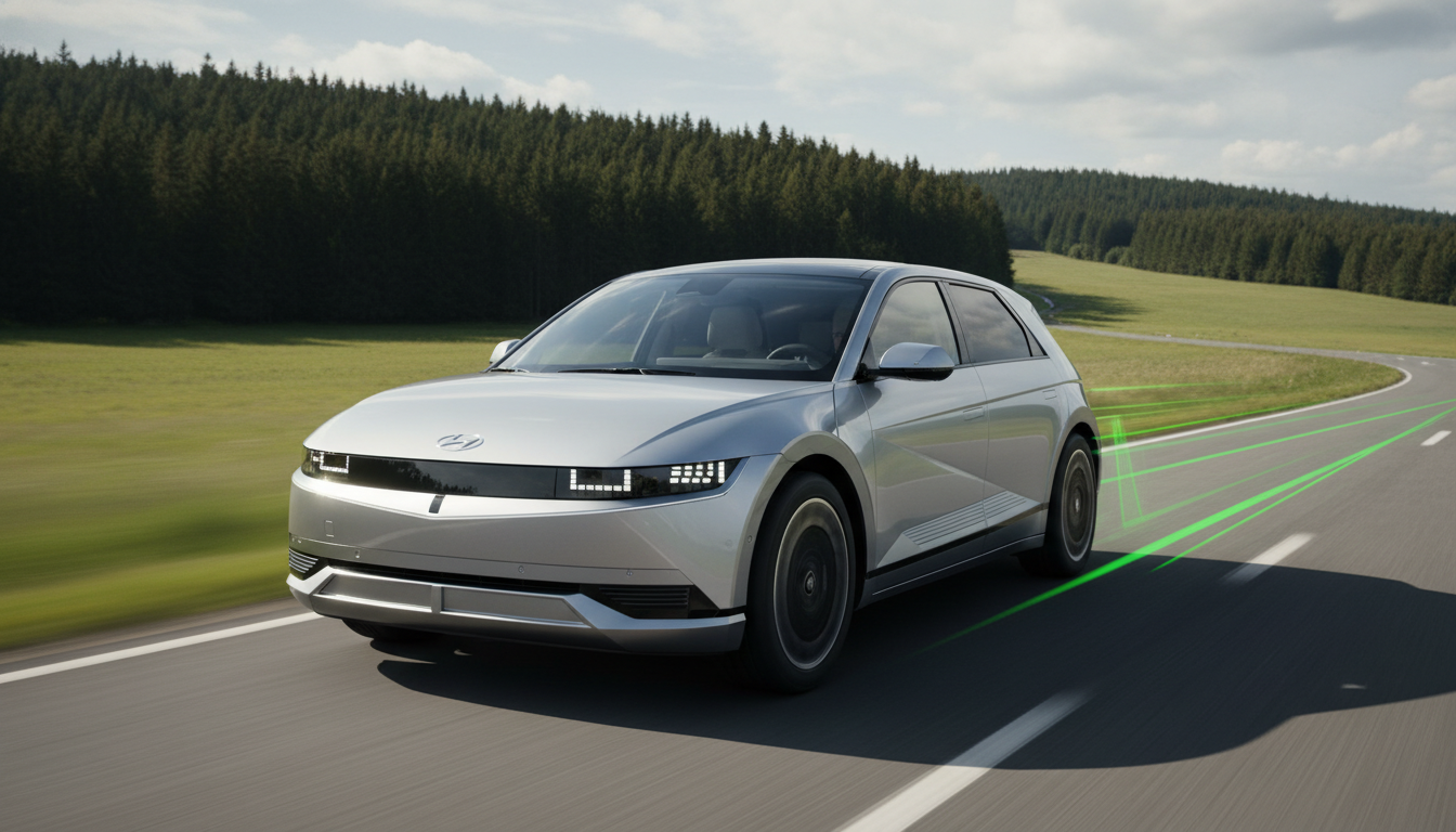 친환경적인 자연 속에서 역동적으로 주행하는 2026년형 현대 아이오닉V, 뛰어난 성능과 아름다운 디자인을 강조함.