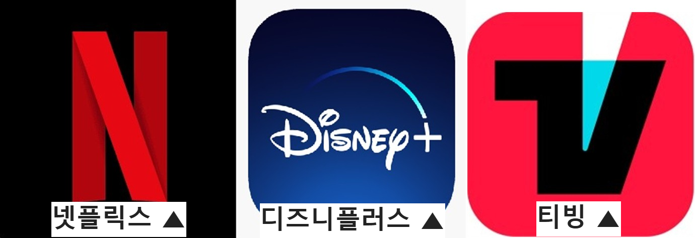 넷플릭스, 디즈니+, 티빙 로고 사진